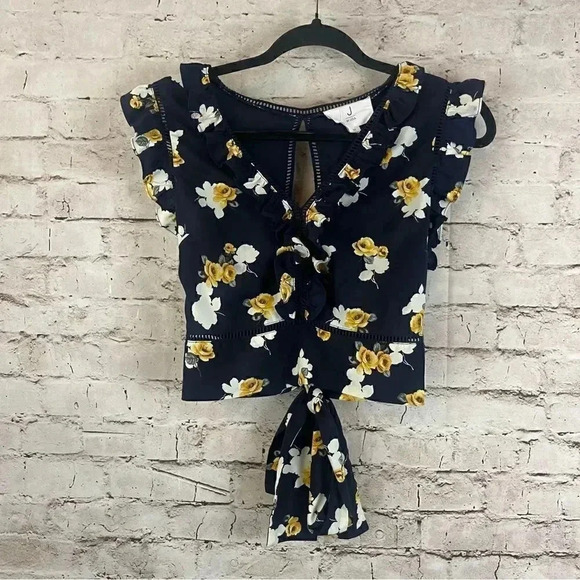 J By J.O.A Medium Navy Blue Floral Ruffle Top Cut Out Yellow White Bow Crop M - Picture 1 of 8